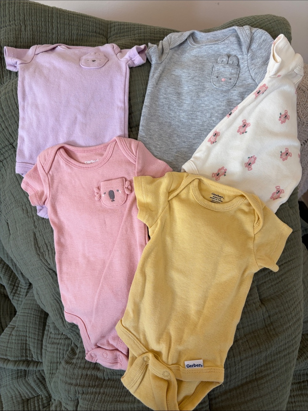 Newborn Baby Bodysuit Set in Yellow, Pink, Lavender, Gray & Cream